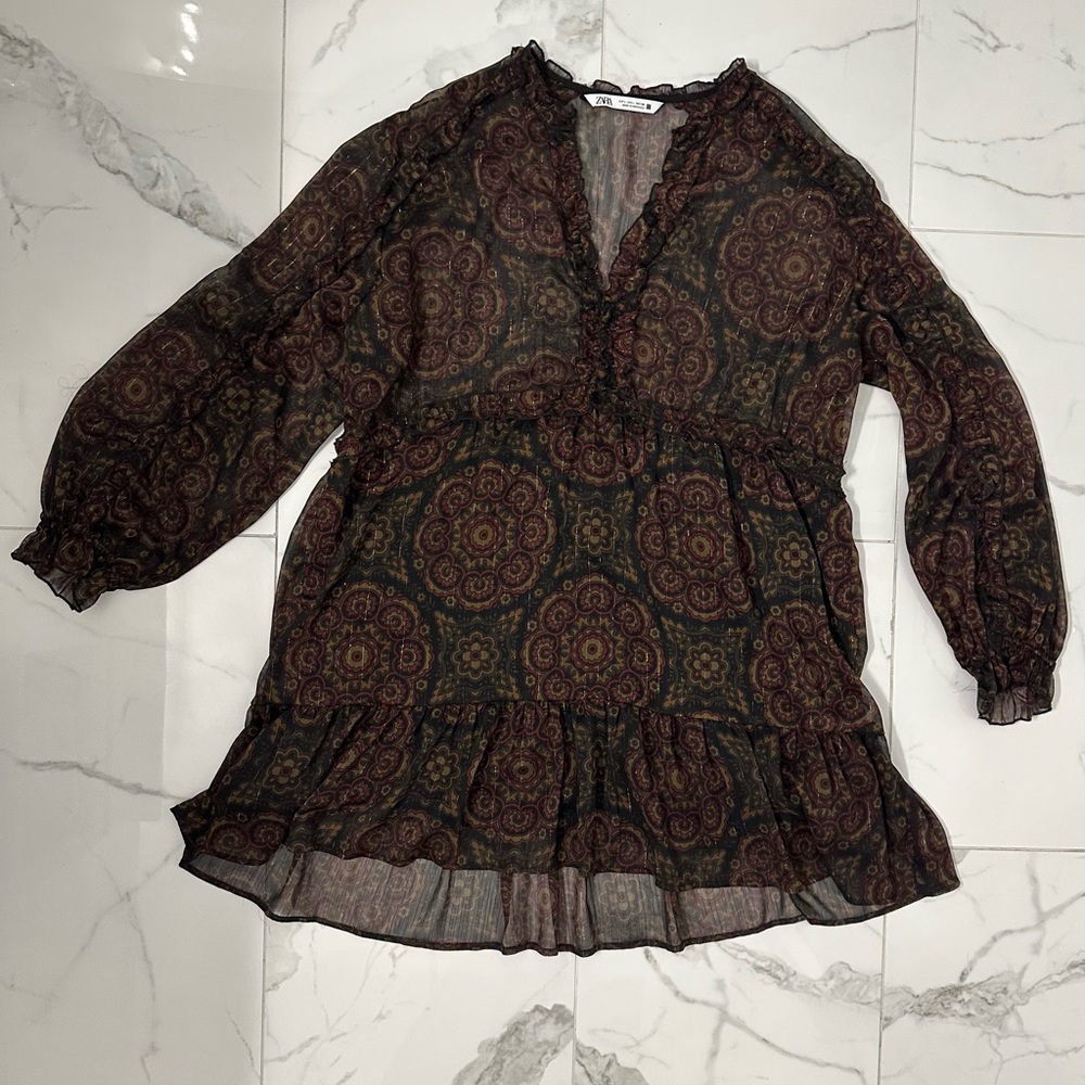 Zara Long Sleeve Dress - Black and Brown Pattern